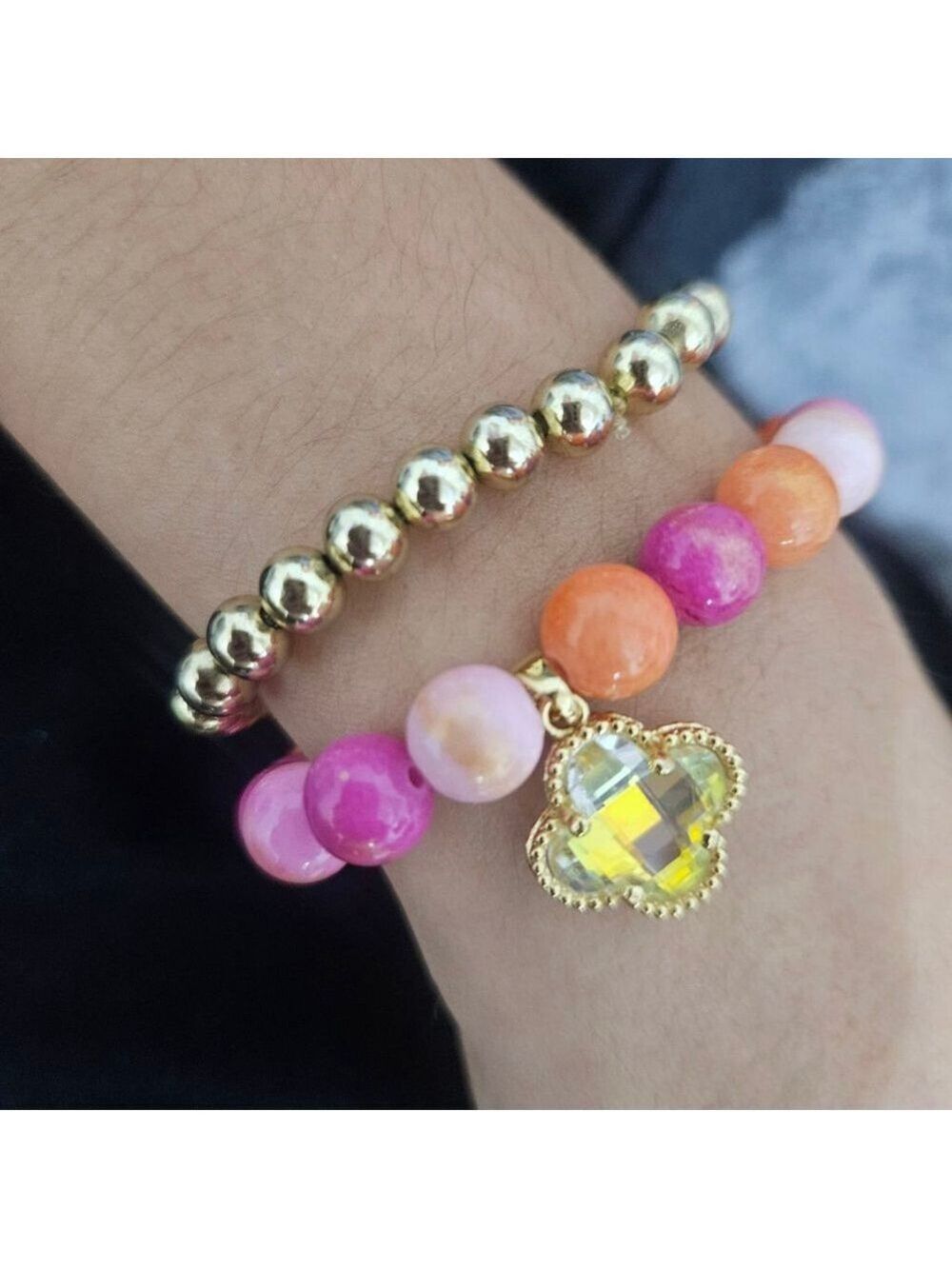 Colorful Pink Glass Beaded Gold Clover Stretch Bracelet Set